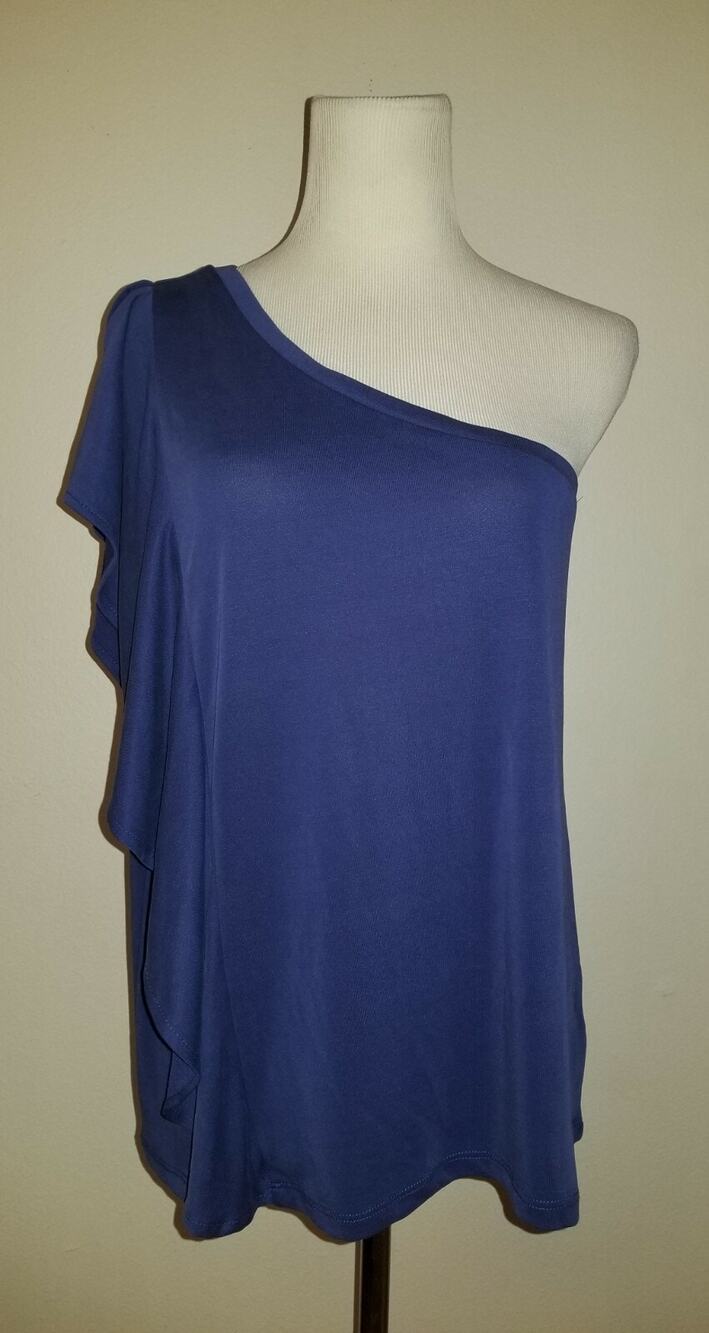 NEW MOSSIMO WOMEN SZ L 1 SHOULDER SPLIT RUFFLE SLEEVE SHIRT KNIT BLUE TOP 1730